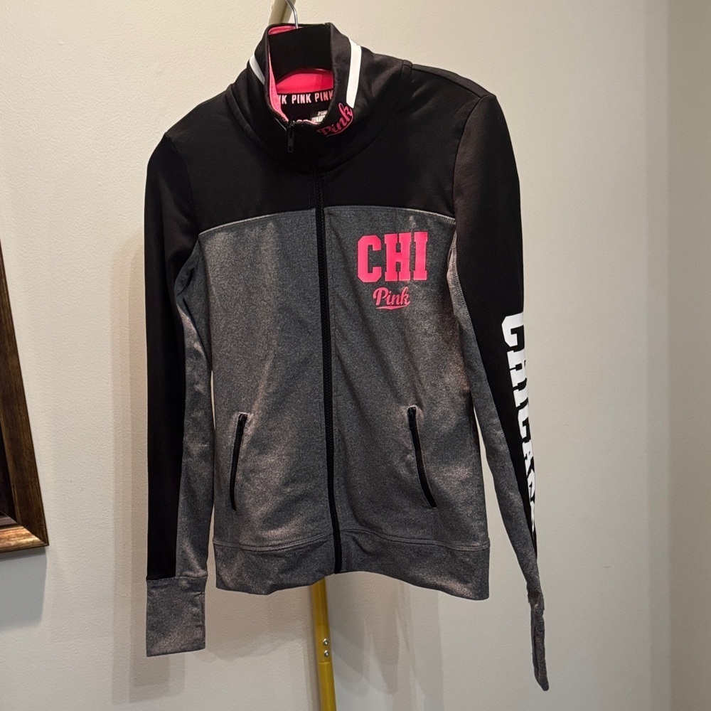 PINK Victoria's Secret campus Black and Gray Chicago Zip-Up with Pink Logo EUC X